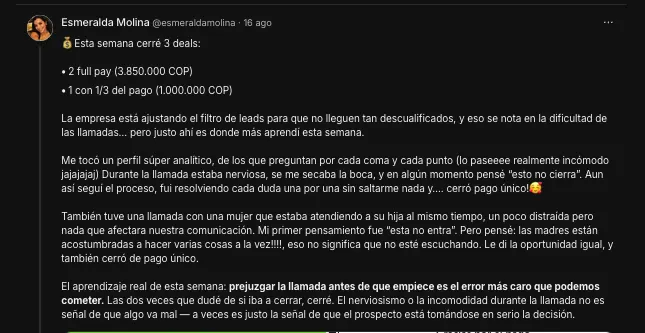 Testimonio de Esmeralda sobre cerrar tres deals en una semana