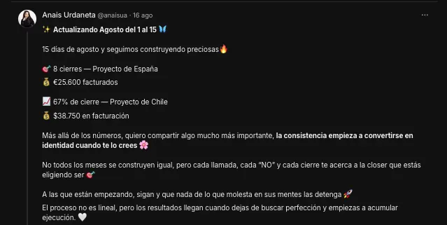 Testimonio de Anaís sobre 8 cierres y 25.600 euros facturados