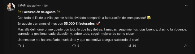Testimonio de Estefi celebrando 55.000 euros facturados