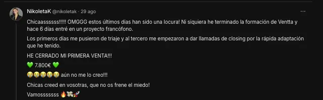 Testimonio de Nikoleta sobre su primera venta de 7.800 euros como closer