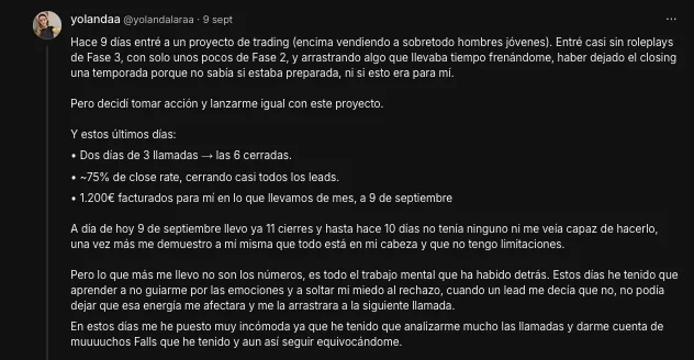Testimonio de Yolanda sobre sus cierres y resultados como closer