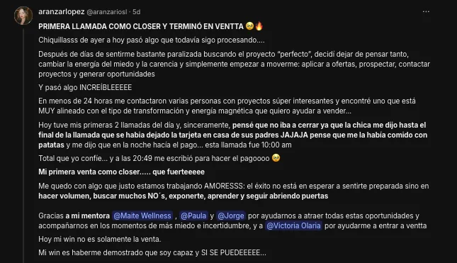 Testimonio de Aranzazu sobre su primera llamada y venta como closer